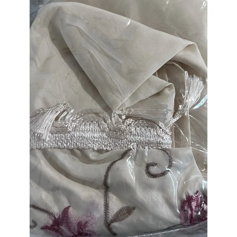 PANAMA Embroidered Floral Tassel Shower Curtain Ivory Pink Romantic Cottagecore
